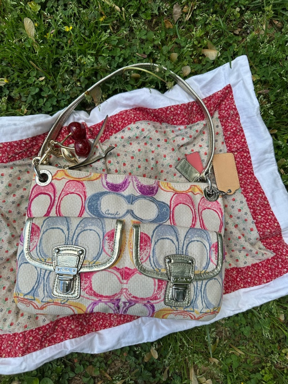 Coach Multicolor Signature Canvas Shoulder Bag with Silver Hardware